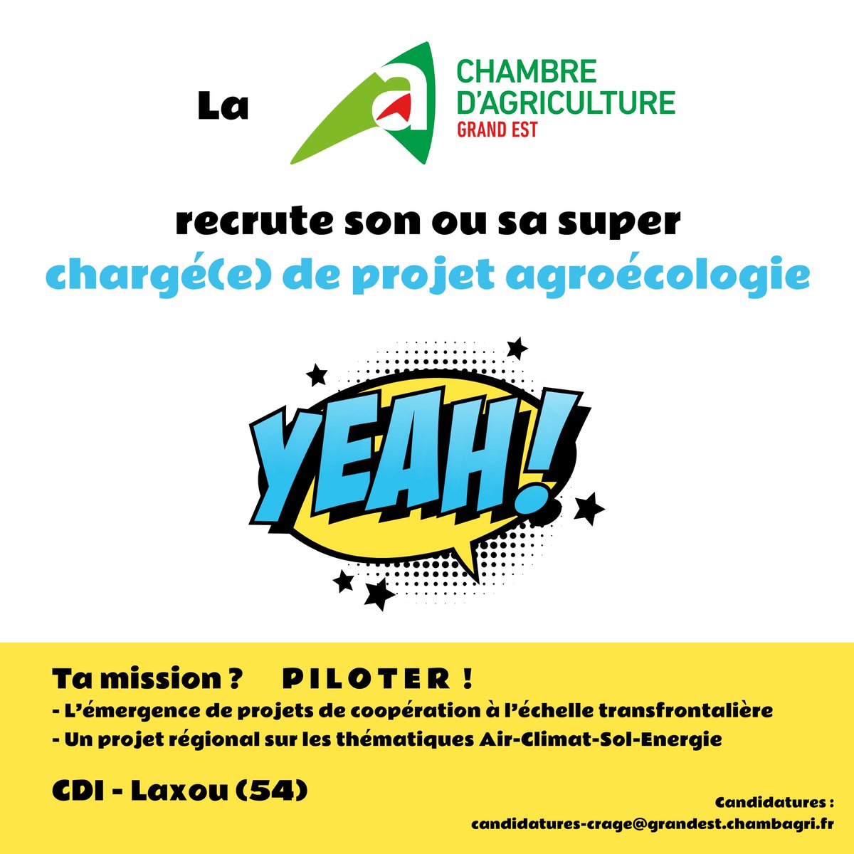 [#RECRUTEMENT] 
Nous recrutons un(e) chargé(e) de projet agroécologie ! Si tu as soif de défis, rejoins-nous en #CDI temps plein avec des missions basées à Laxou (54) 📍 
Candidatures : candidatures-crage@grandest.chambagri.fr : 
📰 Offre détaillée : 
grandest.chambre-agriculture.fr/fileadmin/user…