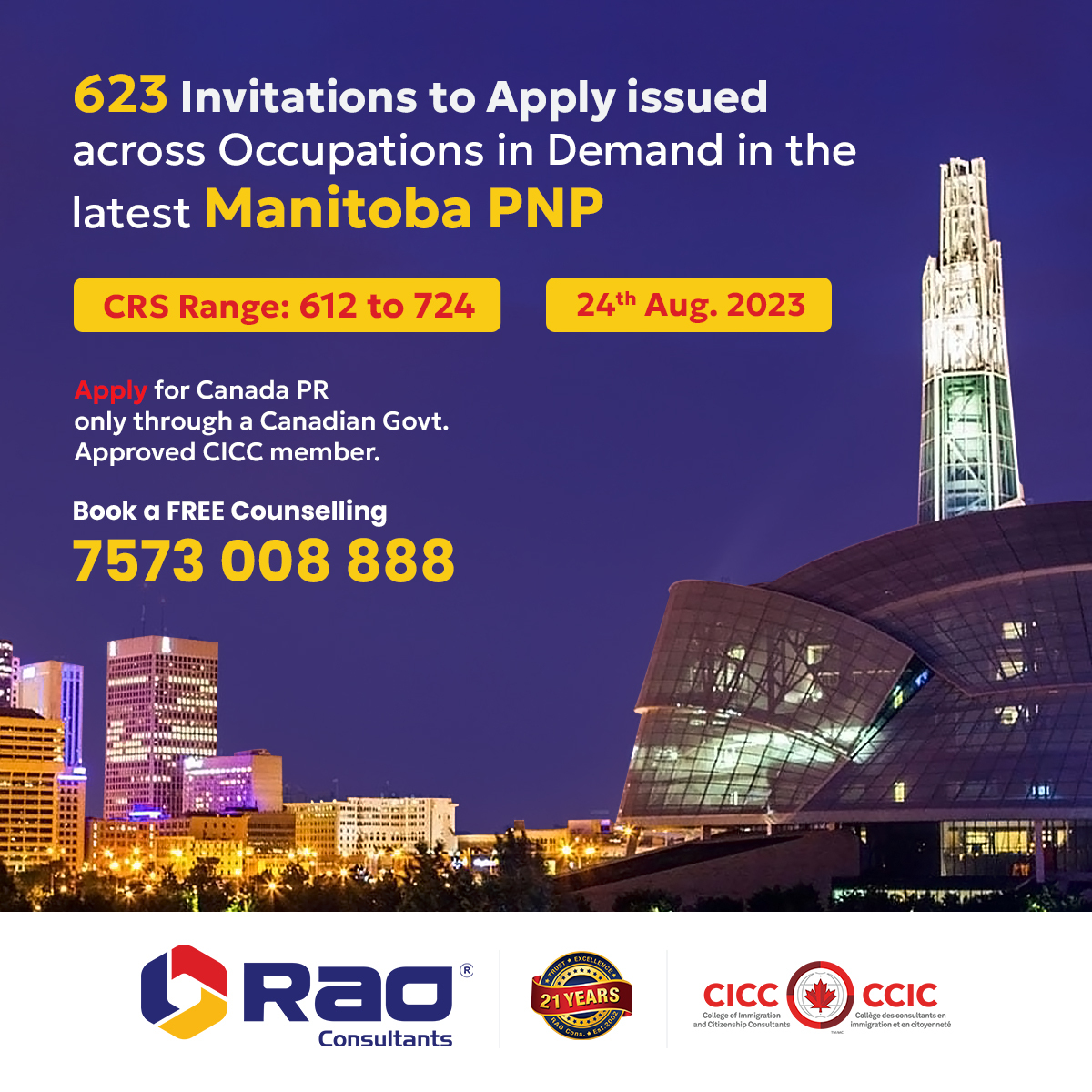 Rao_Consultants's tweet image. 🍁 Canada PR Alert! 🇨🇦 Exciting News! 🎉
📢 In the latest PNP draw, Manitoba has extended a warm invitation to 623 skilled candidates for Permanent Residency with CRS score of 612 to 724!🌟

#canadaimmigration #canadaprvisa #raoconsultants #settleincanada