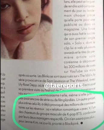 taenniefacts's tweet photo. Elle confirms that BTS V and BlackPink's Jennie is in a romantic relationship. https://t.co/5zX20NObjz