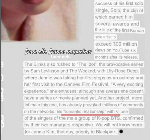 taenniefacts's tweet photo. Elle confirms that BTS V and BlackPink's Jennie is in a romantic relationship. https://t.co/5zX20NObjz
