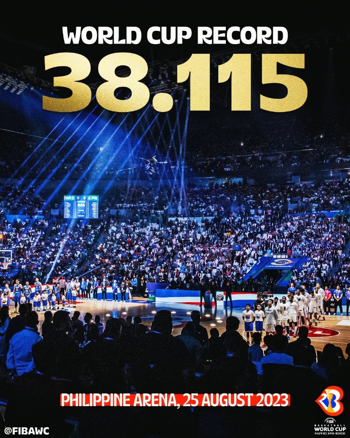 ABSCBNNews's tweet photo. HISTORY MADE. The Philippines set a new FIBA Basketball World Cup record as 38,115 fans trooped into the Philippine Arena. #FIBAWC (📸: @FIBAWC) https://t.co/nmf34YFbcD