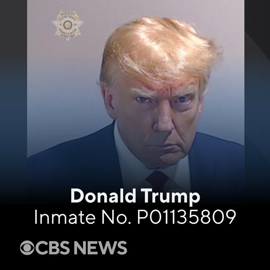CBSNews's tweet photo. Donald Trump became the first former U.S. president to have a mug shot taken on Thursday, after he surrendered to Fulton County, Georgia, authorities on charges related to alleged efforts to overturn the outcome of the 2020 presidential election. https://t.co/MSLzO4KJXZ https://t.co/FnN2URLvtV