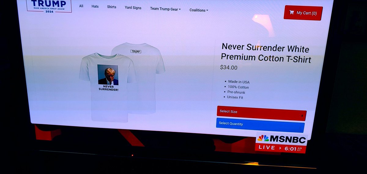 dokovrok's tweet photo. Selling NEVER SURRENDER t-shirts almost immediately after surrendering!  Some things about Trump never change.  Such as an affinity for lying. https://t.co/ffSRyWB8oV