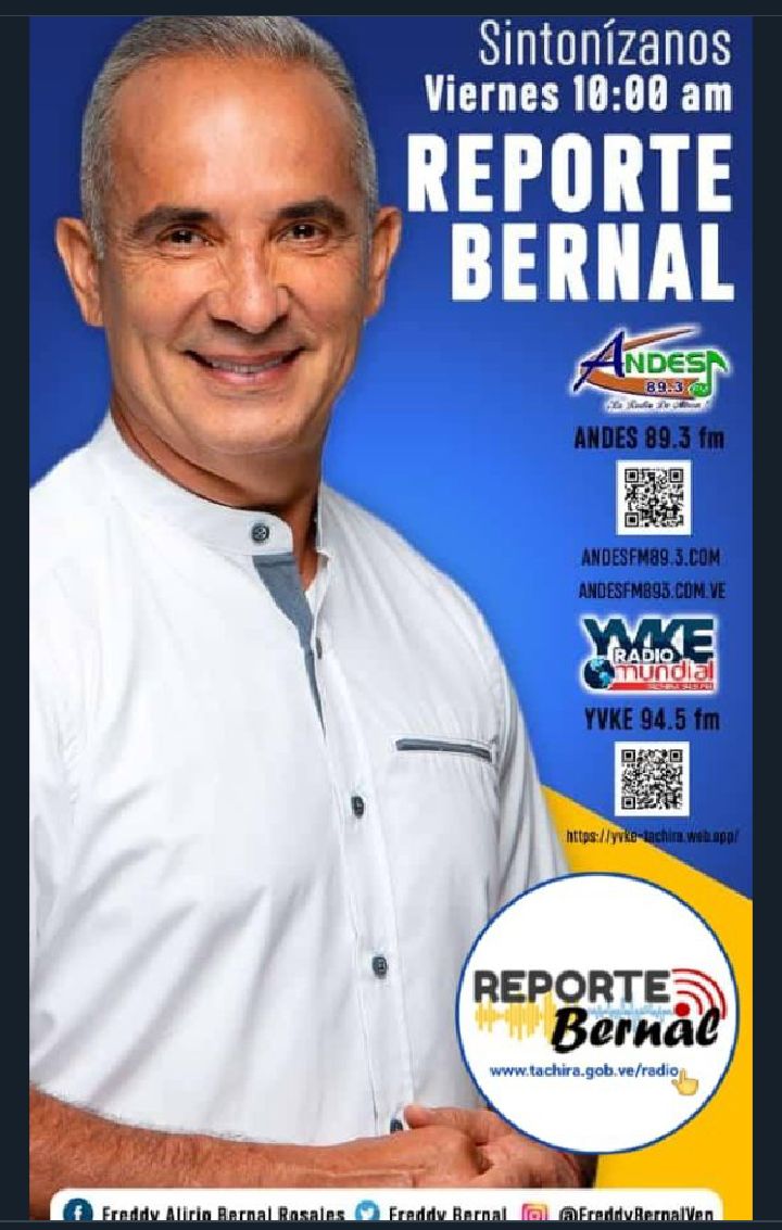Sintoniza hoy viernes el programa Reporte Bernal, a partir de las 10:00am. Por YVKE Tachira. No te lo pierdas!
<a href="/FreddyBernal/">Freddy Bernal</a> <a href="/arguelloyepfri/">Yepfri Arguello</a> 
#SoyComunicadorClap