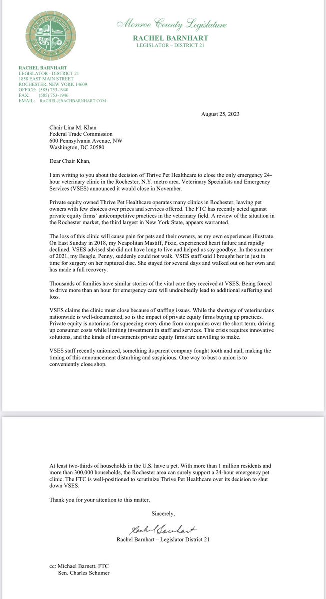 rachbarnhart's tweet photo. There are likely a few ways to go at this. FTC has taken on private equity in veterinary care. Thrive has done this elsewhere, too. #ROC https://t.co/SqwumiLtE0