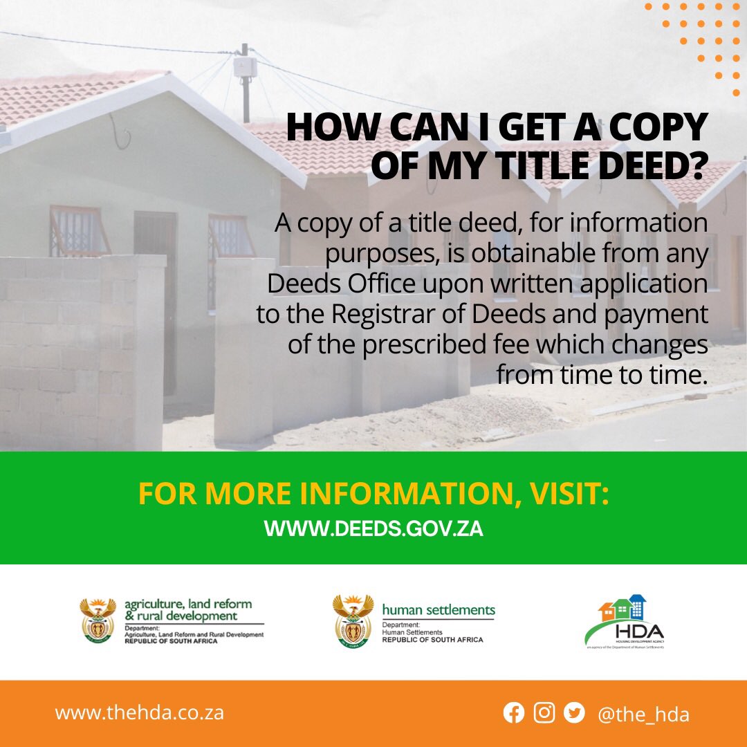 the_hda's tweet image. A copy of a title deed, for information purposes, is obtainable from any Deeds Office upon written application to the Registrar of Deeds and payment of the prescribed fee which changes from time to time.

Source: deeds.gov.za/faqs.php

#TheHDA #DHSProjects #HdaAtWork