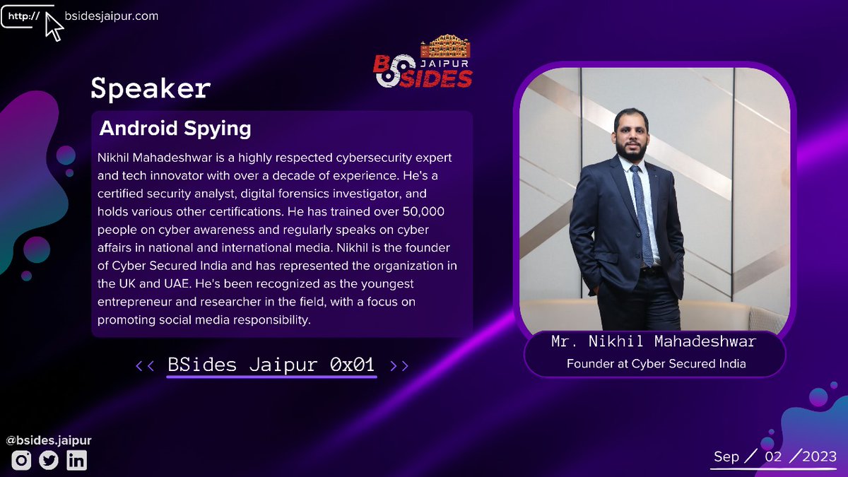 Exciting News

🥁Without any further delay let us introduce you to our most innovative and creative cyber security expert. Mr. Nikhil Mahadeshwar, a solid backbone for various law enforcement and private investigative agencies.🎉

#securitybsides #bsides #bsidesjaipur #infosec