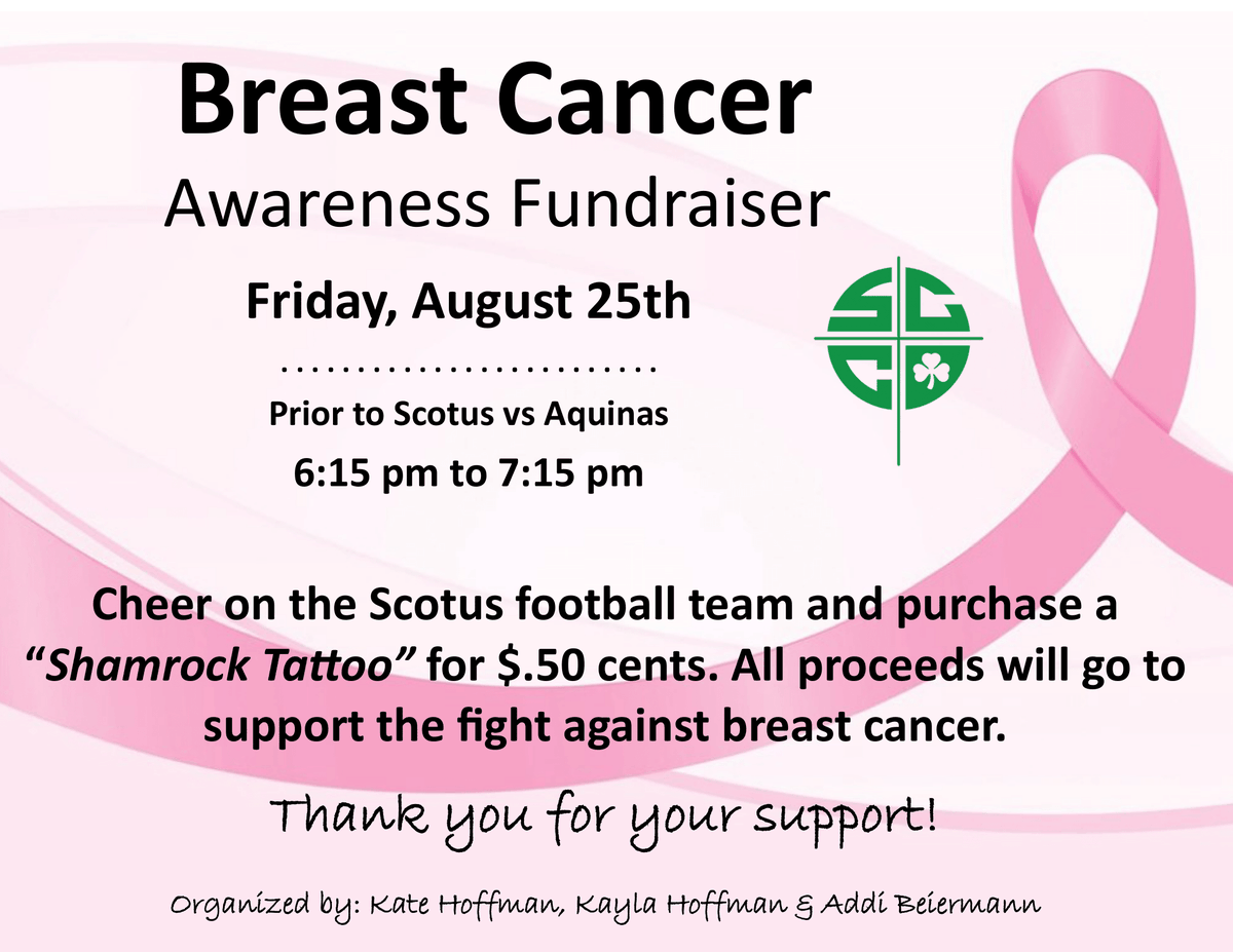 ScotusCC's tweet image. Bring your children by the concessions tonight from 6:15-7:15 to get a shamrock temporary tattoo for only $.50! All proceeds go to breast cancer awareness.  

#TheScotusWay
