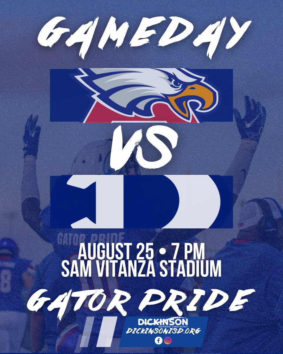 🏈 It's Game Day Gators! Tonight, our Dickinson Gators Football team will take on the Atascocita Eagles at 7 p.m. at Sam Vitanza Stadium in the 2023 season opener! Get your tickets by clicking the link below! 🎟️ Tickets: gofan.co/event/1017257?… #GatorPride