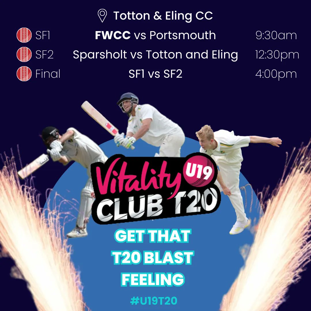 FWCricket's tweet photo. 🚨 ECB Vitality U19s T20 Finals Day 🚨 

🗓️ Sunday 27th August
📍 Totton and Eling CC
🕑 We play our Semi Final at 9:30am
🍔 Pay as you go BBQ throughout the day
🔊 A loudspeaker with music + walk-out songs for batsmen all day
🚗 Overflow parking is available in Abbotswood School https://t.co/GE7KEd5Vpe