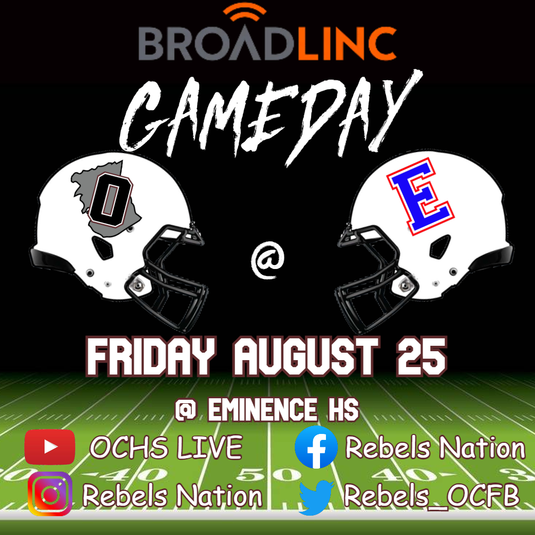🏈 <a href="/getbroadlinc/">Broadlinc</a> REBELS GAMEDAY 🏈 
<a href="/OwenSchools/">Owen County Schools</a> <a href="/OCHSRebels/">Owen County HS</a> <a href="/Rebels_OCFB/">Rebels Football</a> vs <a href="/EminenceSchools/">Eminence Schools</a> <a href="/EminenceWarrior/">Eminence Warrior Athletics</a> <a href="/EminenceFball/">Eminence Warriors Football</a> 
📍 <a href="/EminenceSchools/">Eminence Schools</a> 
⏰  8:00 PM
🎥  buff.ly/47PrNKM  - OCHS Live on YouTube
#WEareOC #RepTheO #OCFB