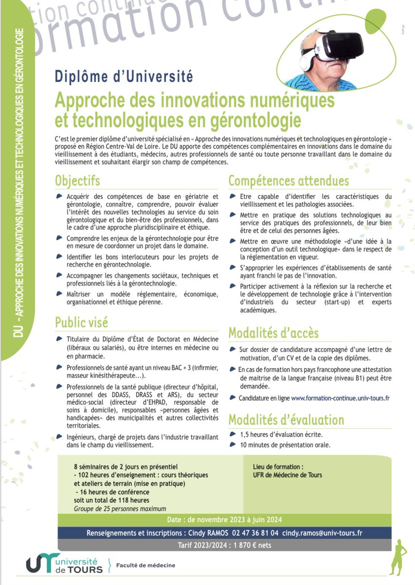 3 DIU/DU sont actuellement proposées par <a href="/UniversiteTours/">Universite de Tours</a> et <a href="/GeriatrieTours/">GériatrieTours</a> 

🔹 Médecine de la Personne Âgée
🔹 Coordination en Gérontologie 
🔹 Approche des innovations numériques et technologiques en gérontologie

N’hésitez pas à vous inscrire et surtout à partager l’info😁👍