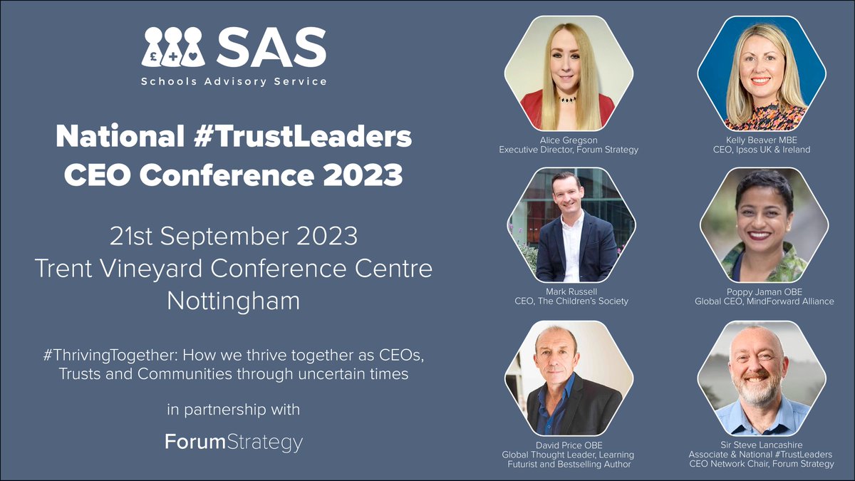 Schools Advisory Service (@schoolsadvisory) on Twitter photo We’re excited to be attending the 6th Annual National #TrustLeaders CEO Conference on 21/09/23🧑💼
Attending? We look forward to getting to know your thoughts on this year’s theme, #ThrivingTogether: How we thrive together as CEOs, trusts and communities through uncertain times🤝 We’re excited to be attending the 6th Annual National #TrustLeaders CEO Conference on 21/09/23🧑💼
Attending? We look forward to getting to know your thoughts on this year’s theme, #ThrivingTogether: How we thrive together as CEOs, trusts and communities through uncertain times🤝