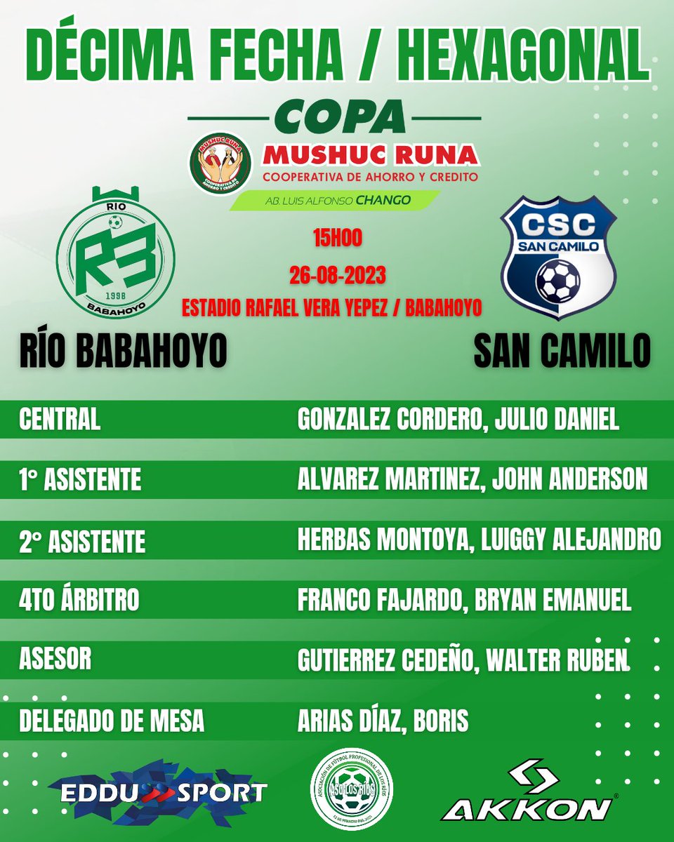 AFNLosRios's tweet photo. Designación de árbitros, comisario de juego y delegados de control para la décima fecha del hexagonal final ⚽⚽.

Copa Mushuc Runa Cooperativa de Ahorro y Crédito  Ab. Luis Alfonso Chango 🏆⚽️💪🏻

 #cronograma #partidodefut #deporteesvida https://t.co/WEv0gKoJY4