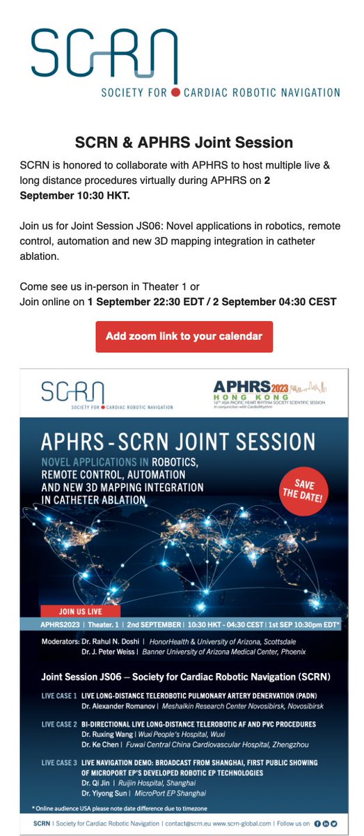 Excited about upcoming joint APHRS and Society for Cardiac Robotic Navigation (scrn-global.com). Discussion amongst worldwide leaders, live telerobotic cases. SCRN members can watch remotely. Join us! @scrnaonline @Stereotaxis @uazmedphx