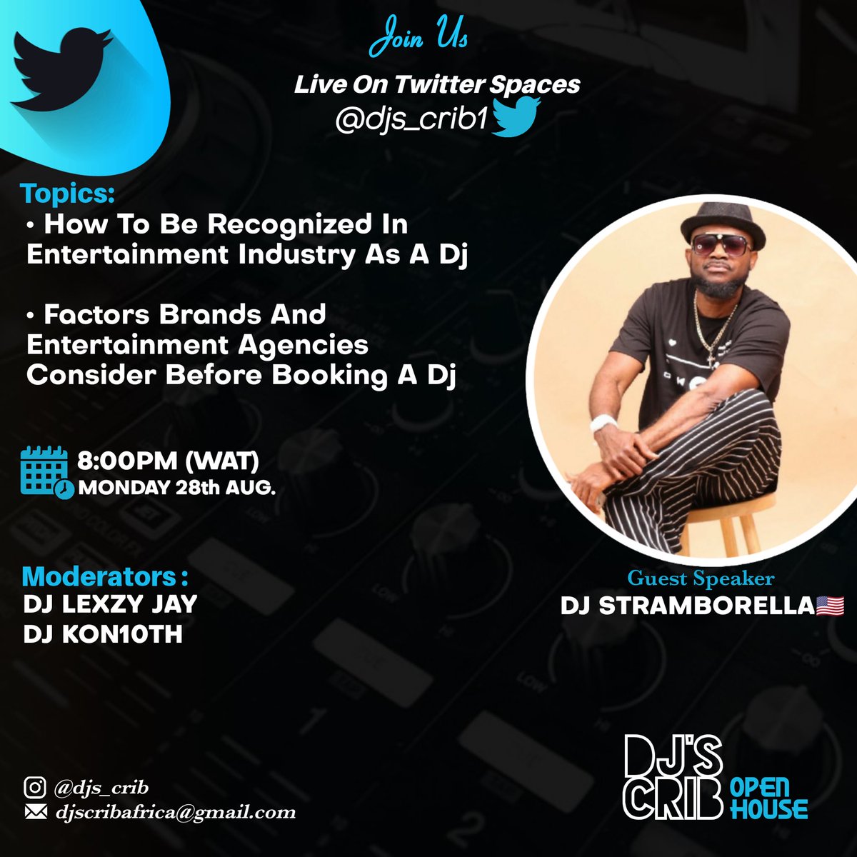 djs_crib1's tweet photo. Join us Live on Twitter spaces as will be having one of Nigeria’s music icons @djstramborella as our special guest Speaker on 28 August 2023 | 8:00PM(WAT).

DJs Turn up with your Questions regarding DJs in Entertainment industry.
Meet you there
#djscrib #djs #nigeriand #BBNaija https://t.co/fmZhZaE6JL