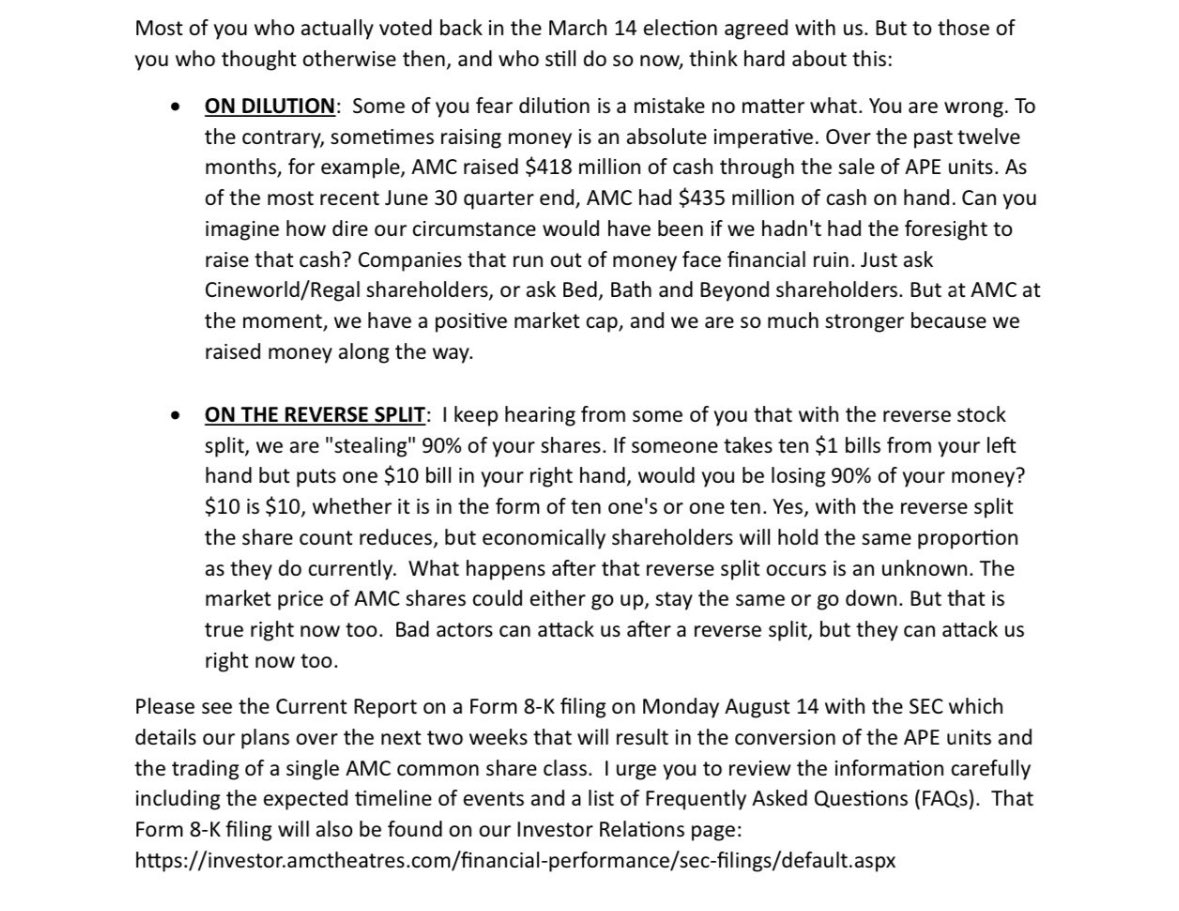 stkchedda's tweet image. An important portion of ⁦@CEOAdam⁩ 8/14 letter to shareholders. 

Not gonna point out the exact part I’m referring too, but please read it and catch it for yourself. #ImNotLeaving 

I urge you… read it! 

#AMC $AMC