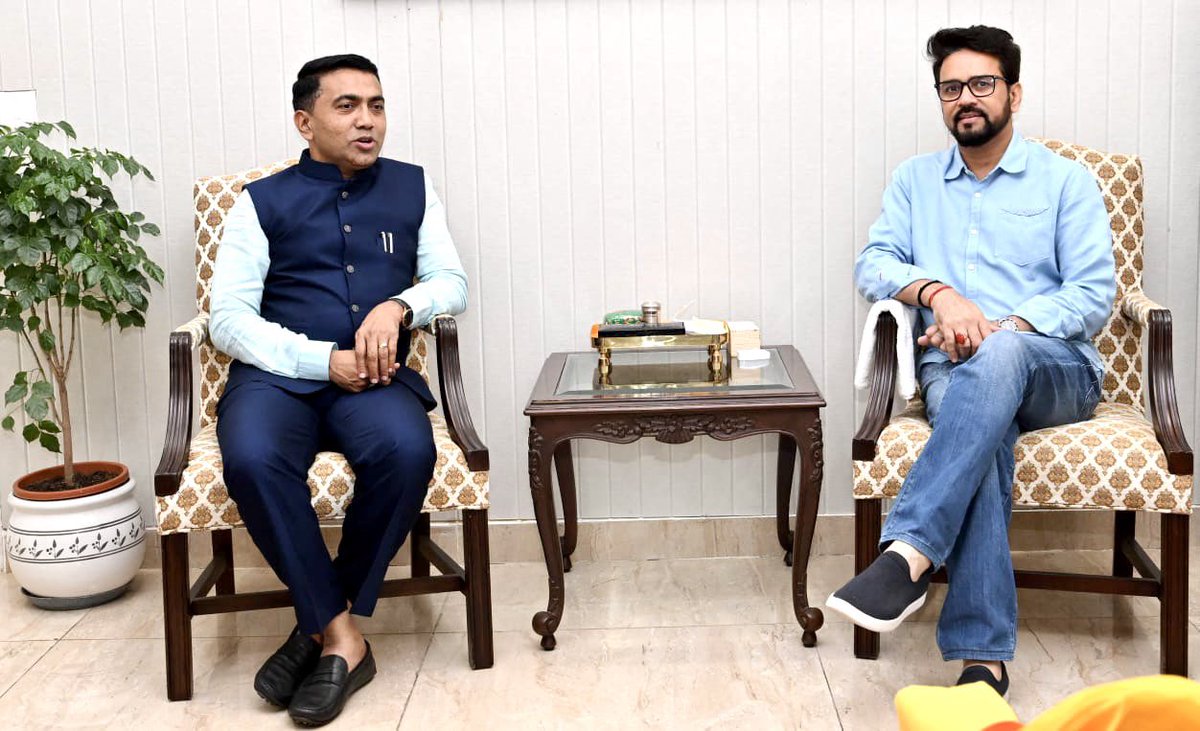 ianuragthakur's tweet image. Had a warm meeting with the Hon&apos;ble CM of Goa, @DrPramodPSawant ji at my residence in Delhi. 

We had a fruitful discussion regarding the National Games 2023 that are going to be held in Goa. The 37th edition of this tournament will have a record number of 43 sports. 

This will…