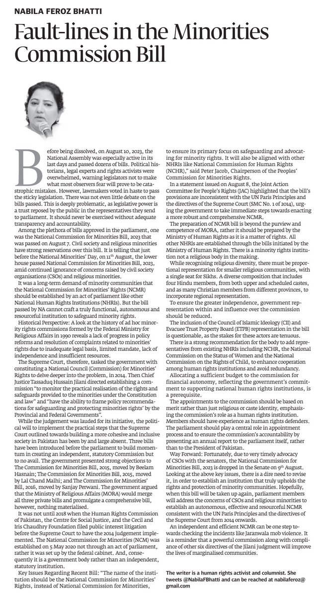 NabilaFBhatti's tweet photo. My op-ed @ExpressTribune about National Commission on Minorities' Rights.
https://t.co/s6mfHEsl7a
An independent #NCMR along with compliance of other six directives of #JilaniJudgment can check the incidents like #Jaranwala &amp; will improve the lives of marginalized communities. https://t.co/0YAESI8Gm5