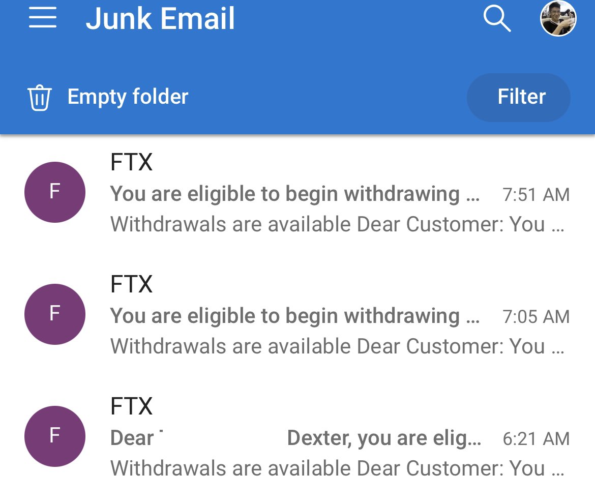 ddexterr_'s tweet photo. If ya'll received email as shown in pic from @FTX_Official , DO NOT CLICK. It is a phishing link. You can use the desktop browser and scroll over the Withdraw Now button to see the URL https://t.co/yeovIUESP2