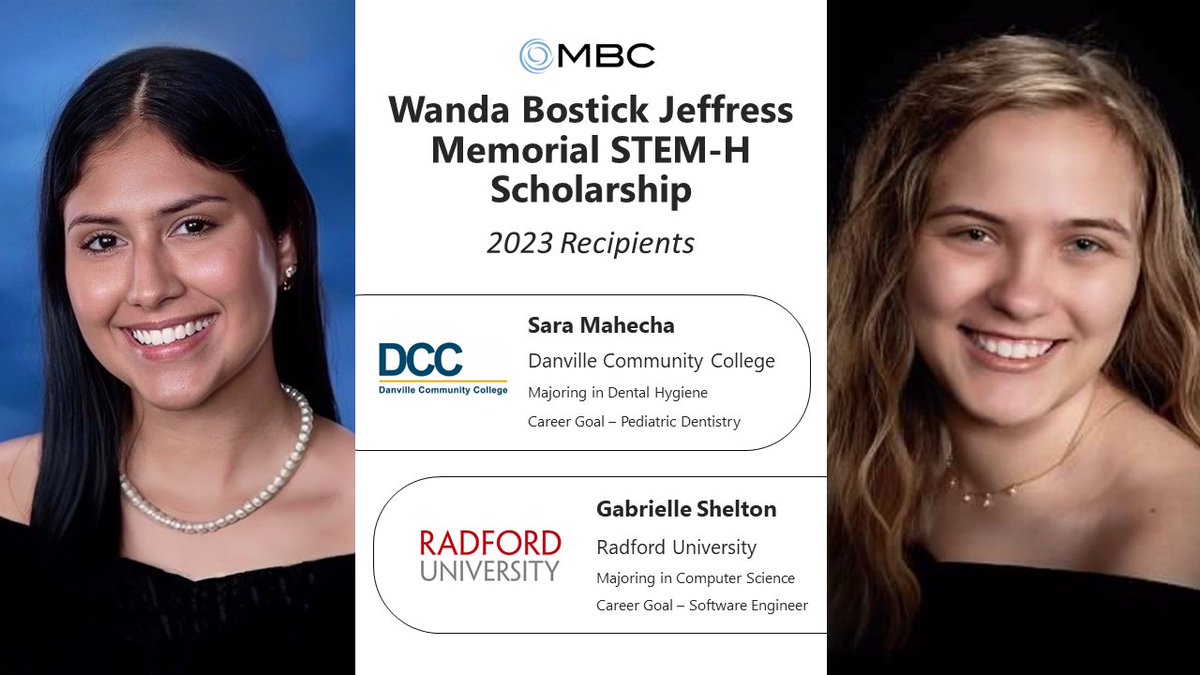 Join us in congratulating Sara Mahecha and Gabrielle Shelton on being selected as the 2023 MBC Wanda Bostick Jeffress Memorial STEM-H Scholarship recipients! We wish them all the best as they begin their academic journeys to reach their career goals! mbc-va.com/news/2023-wand…