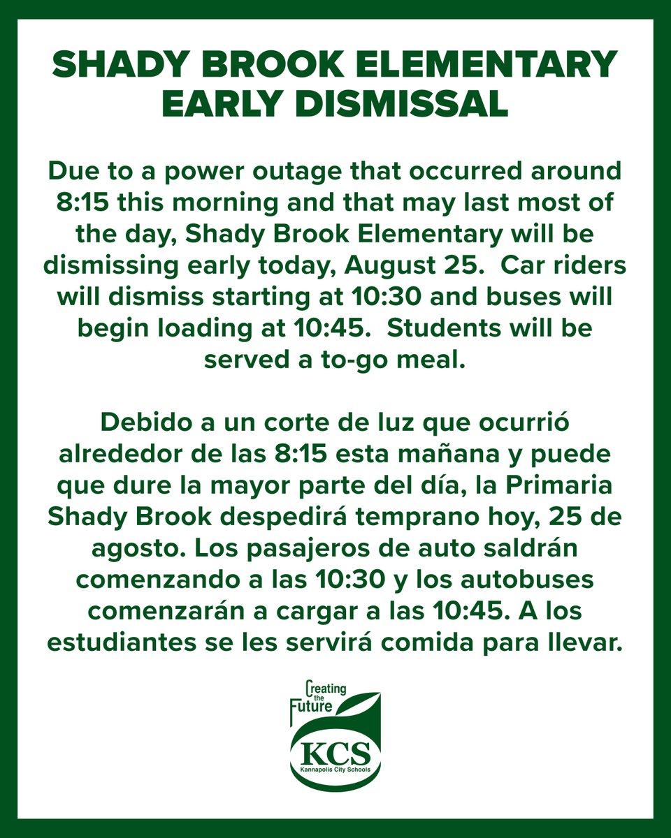 Important information regarding early dismissal at Shady Brook Elementary. #myKCS