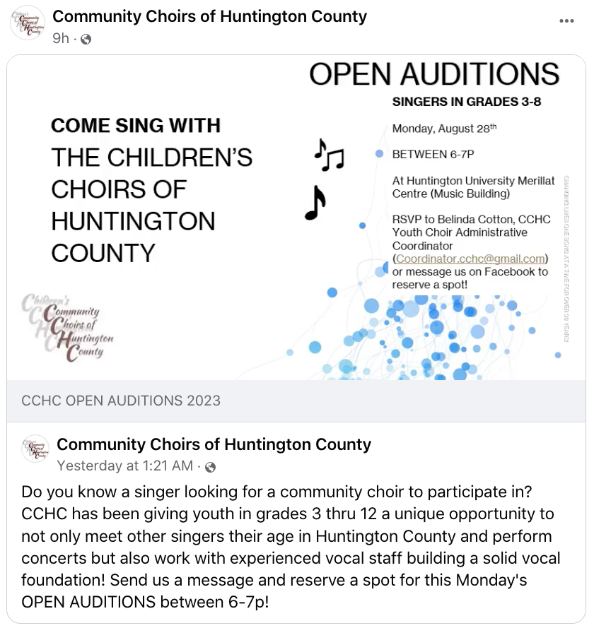 VirtualMusicOfc's tweet photo. Community Choirs of Huntington County OPEN AUDITIONS August 25. Please share. @JohnRGardner  https://t.co/lHk4HG7lPq https://t.co/6lRBhUes5D