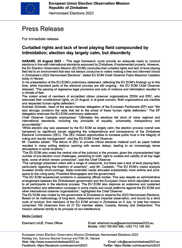eueomzim2023's tweet photo. "Curtailed rights and lack of level playing field compounded by intimidation; election day largely calm, but disorderly" - the press release for the EU EOM Preliminary Statement on the 2023 Harmonised Elections. #EU4democracy #zimelection2023 #electionszw https://t.co/KleJhj5ZQe