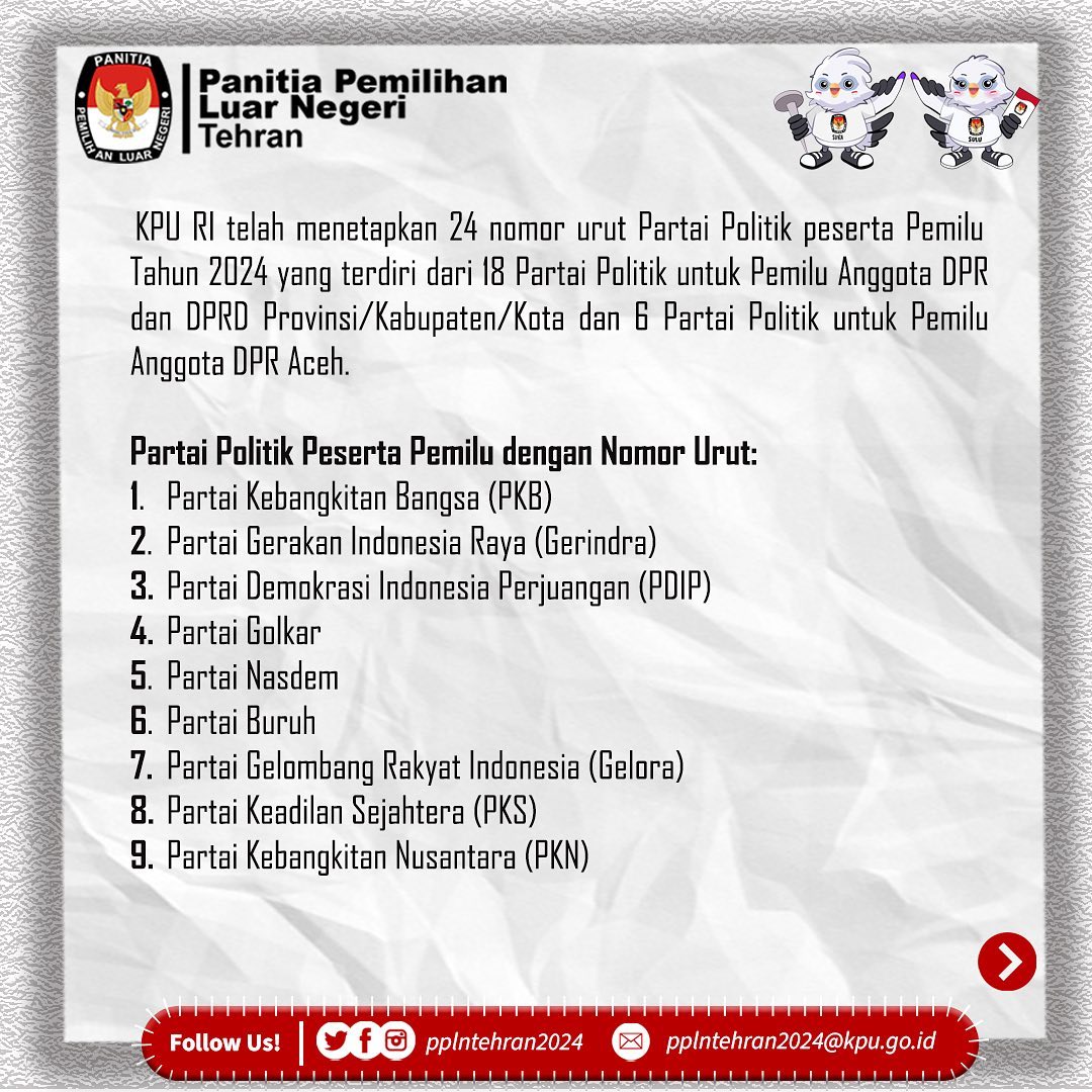 pplntehran2024's tweet image. INFO (3) :
Cek Posting-an Berikut untuk Mengetahui Informasi Penting bagi Pemilih di Wilayah Kerja PPLN Tehran.

"Mari kita sukseskan Pemilihan Umum Tahun 2024 sebagai Sarana Integrasi Bangsa"
PPLN Tehran 2024

#ppln
#ppln2024
#dptln
#pindahmemilih
#Pemilu2024
#Iran
#Teheran