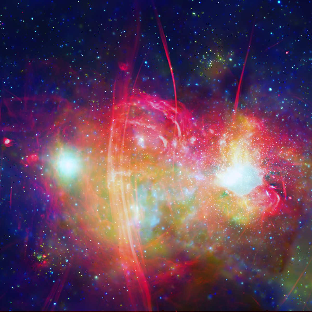 This is the center of our Milky Way galaxy in X-ray and radio light. Some of the exotic objects located here include clouds of gas in the millions of degrees, neutron stars ripping other stars apart, and Sagittarius A* — the supermassive black hole at our galaxy's core.