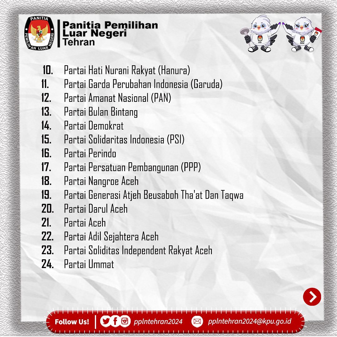 pplntehran2024's tweet image. INFO (3) :
Cek Posting-an Berikut untuk Mengetahui Informasi Penting bagi Pemilih di Wilayah Kerja PPLN Tehran.

"Mari kita sukseskan Pemilihan Umum Tahun 2024 sebagai Sarana Integrasi Bangsa"
PPLN Tehran 2024

#ppln
#ppln2024
#dptln
#pindahmemilih
#Pemilu2024
#Iran
#Teheran
