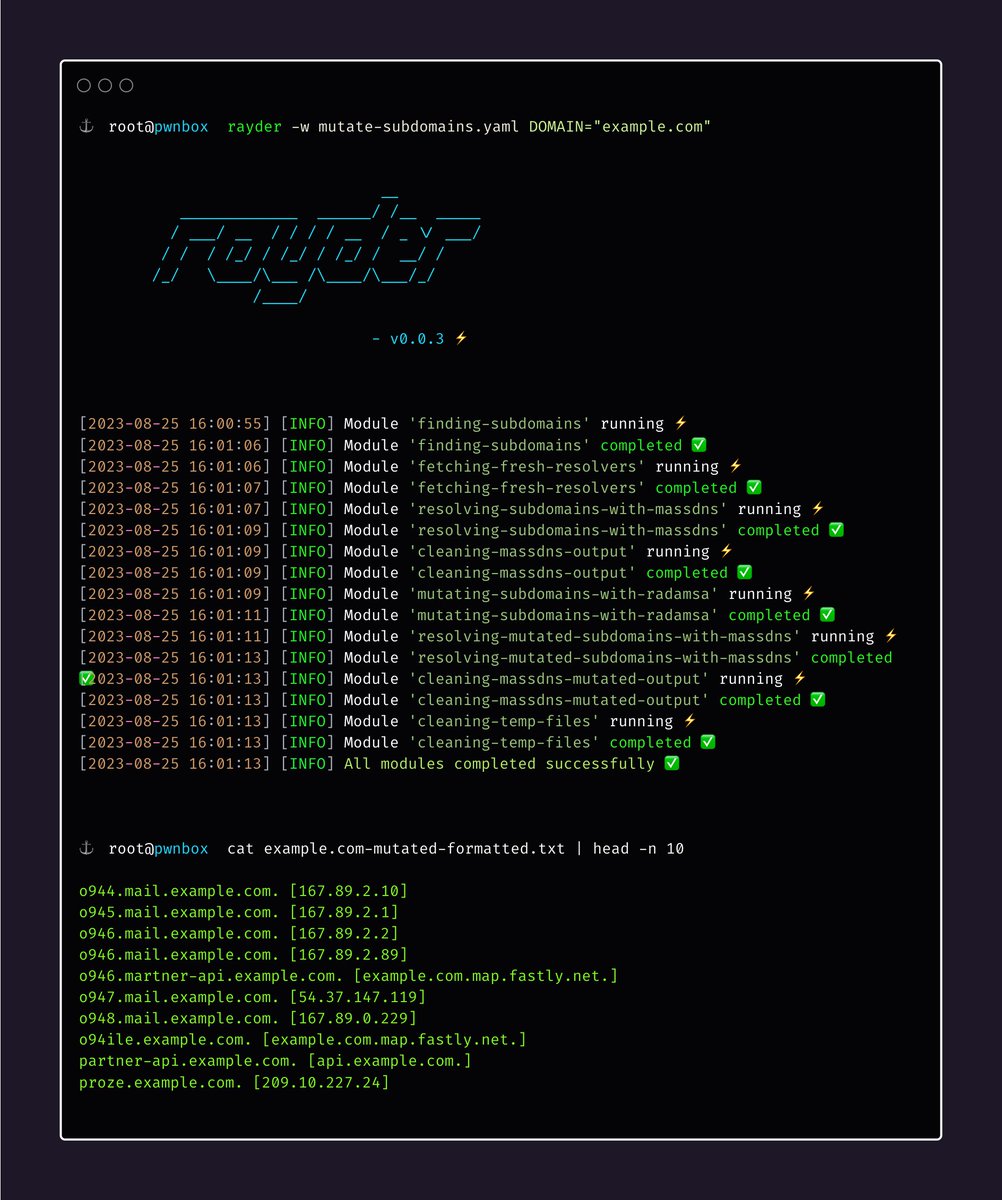 0xAsm0d3us's tweet photo. ⚡️ Discover more subdomains and expand the attack surface using Rayder workflow.

Here is what the workflow does: 

- Fetches subdomains of a domain using subfinder
- Mutates the subdomains using radamsa fuzzer
- Fetches fresh DNS resolvers for dns bruteforcing
- Uses massdns to resolve the mutated subdomains
- Saves the output in a nice and simple format

Orchestrate and organize bug bounty recon workflows using Rayder. 

Rayder : https://t.co/mjj7R7cjJ5

Subdomain Mutator Workflow: https://t.co/5PdwKZTsfj

#bugbountytips #bugbounty