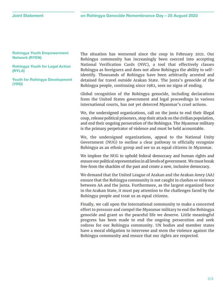 ForYrd's tweet photo. Joint Statement on Rohingya Genocide Remembrance Day.
#25th_august_2023 
#youthsforrohingyadevelopment 
#nomorerefugeelife 
#Rohingya_Genocide_Remembrance_Day https://t.co/YXnfJAL29U