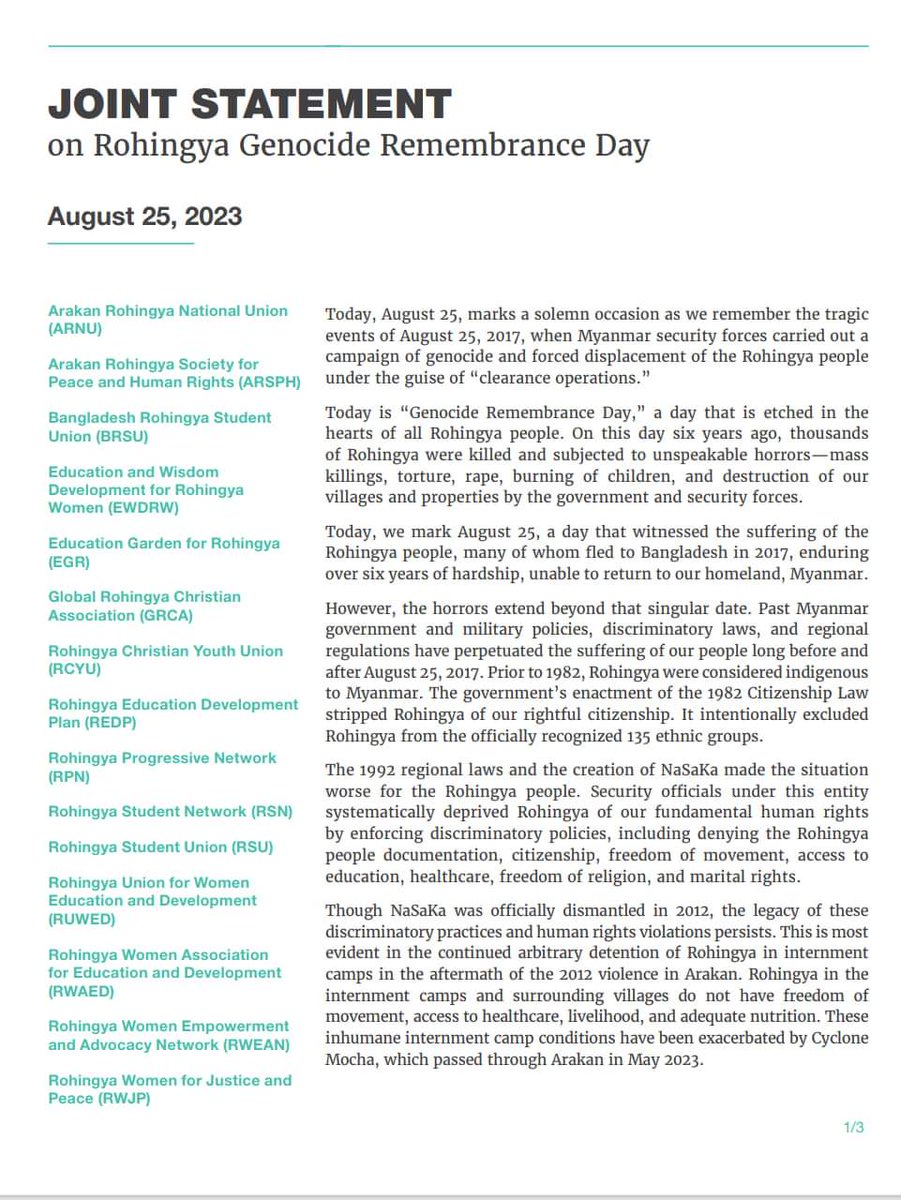 ForYrd's tweet photo. Joint Statement on Rohingya Genocide Remembrance Day.
#25th_august_2023 
#youthsforrohingyadevelopment 
#nomorerefugeelife 
#Rohingya_Genocide_Remembrance_Day https://t.co/YXnfJAL29U