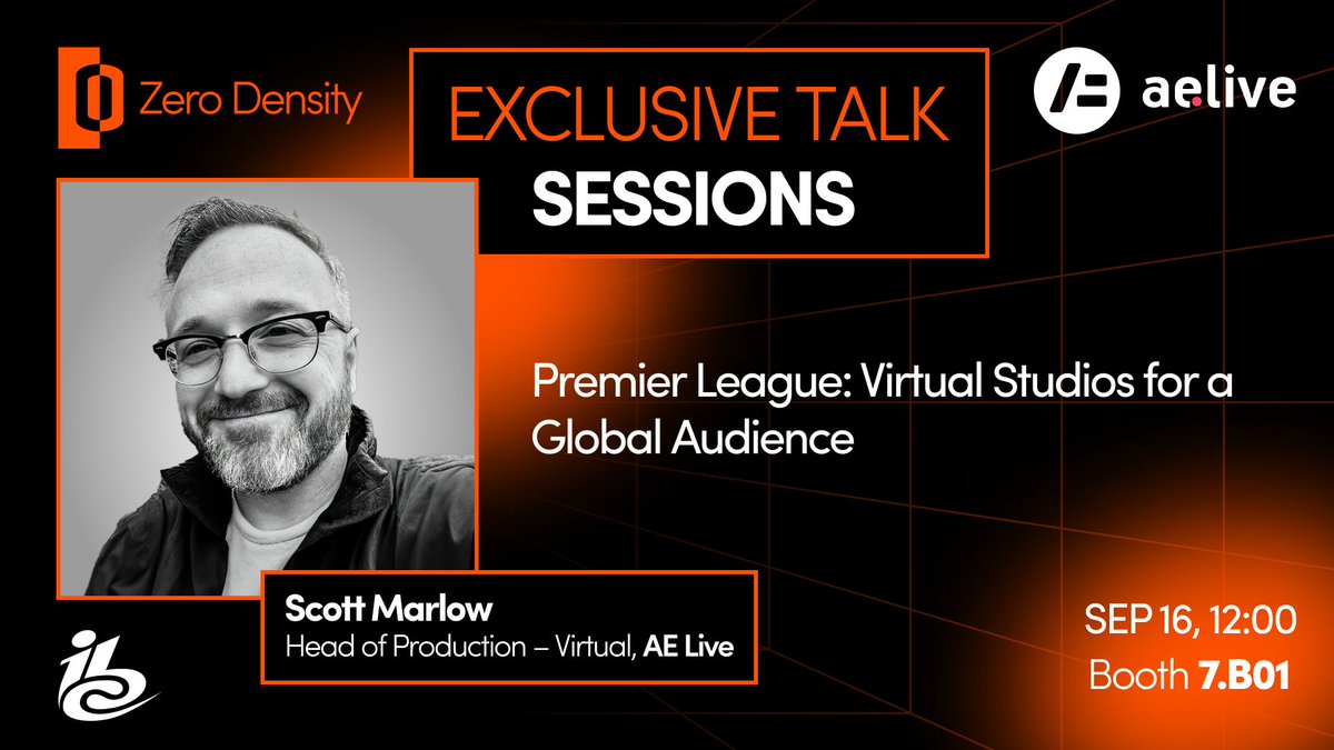 Join us at the Zero Density booth 7B01 at @IBCShow for Exclusive Talk Sessions! Don't miss @aelive_'s session with Scott Marlow on 'Premier League: Virtual Studios for a Global Audience.' 🗓️ Sat 16 Sept 2023, 12 PM. See you at IBC: eu1.hubs.ly/H056hDr0 #IBCShow #Broadcast