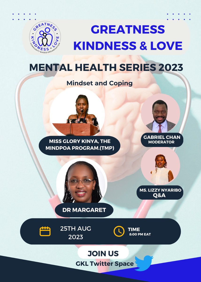We welcome you all to another GKL CBO Mental Health Series of 2023 - Mindset and Coping. The session will take place on Twitter Space. Date Friday 25th August 2023 time as from 8:00PM EAT time.Click on the link below👇🏿 to schedule a reminder x.com/i/spaces/1kvKp…