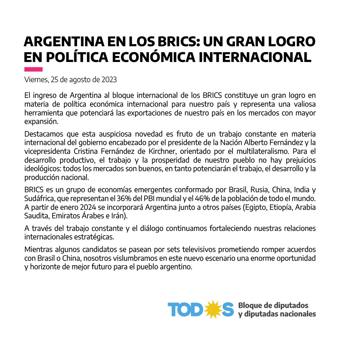 📄 • #COMUNICADO ARGENTINA EN LOS BRICS: UN GRAN LOGRO  EN POLÍTICA ECONÓMICA INTERNACIONAL.