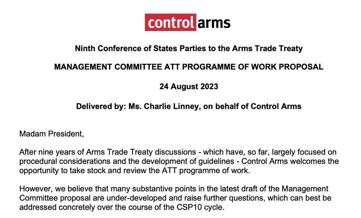 charlie_linney's tweet photo. Today, the final day of this year's #ArmsTreaty #CSP9, is considering this issue in depth. We'll see where we get to by 6pm...
In the meantime, you can read the full @controlarms statement on the ATT programme of work here- 5/5 https://t.co/7Ayb7kCBRR https://t.co/5vx8USgWOw