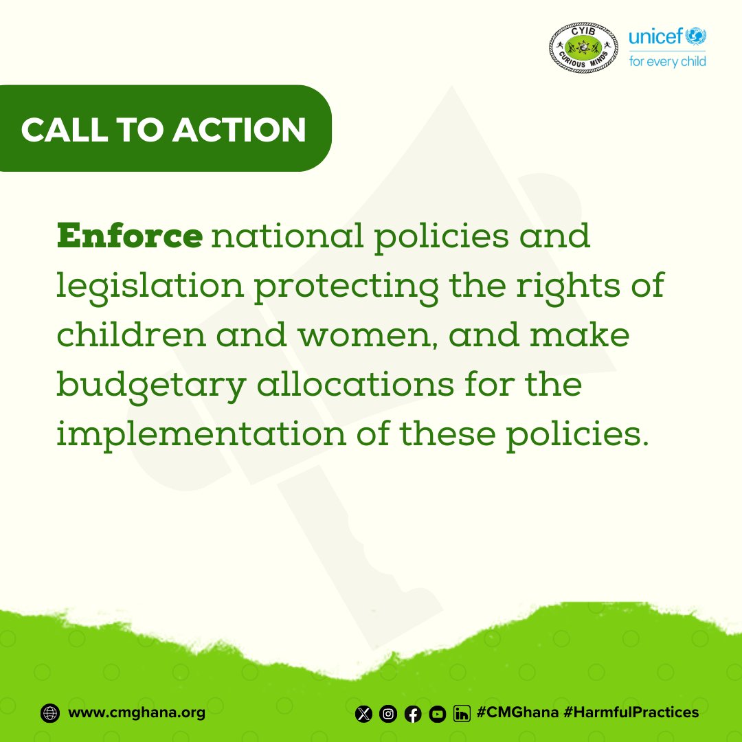 Enforce national policies and allocate budgets for the implementation. 
#EndHarmfulPractices @MoGCSP_Ghana @MoF_Ghana @UNinGhana @UNFPA_WCARO @cmghana