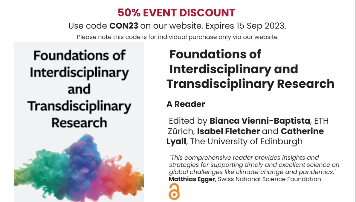 Foundations of Interdisciplinary and Transdisciplinary Research: A Reader can still be bought with a 50% discount until September 15 with the code CON23! You can purchase it from @BUP_Journals on their website: 🔗bristoluniversitypress.co.uk/foundations-of…