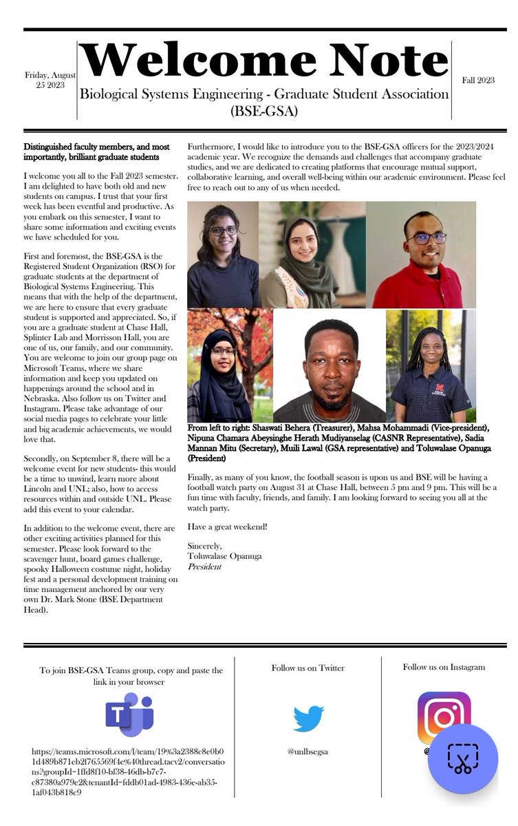 Meet our dynamic group of <a href="/unlbsegsa/">UNL BSE GSA</a> officers. They already have a solid plan for AY 23-24, so proud of this team and can't wait to see all the amazing professional and social activities this group will do for <a href="/UNL_BSE/">Nebraska Biological Systems Engineering</a> graduate students !! <a href="/UNLGradStudies/">Graduate Studies at Nebraska</a> <a href="/UNL_CASNR/">University of Nebraska CASNR</a> <a href="/Shaswati_B_/">SHASWATI BEHERA</a>