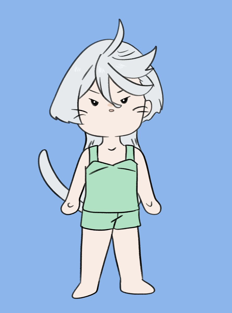 miorine rembran 1girl solo blue background tail simple background green shorts grey hair  illustration images