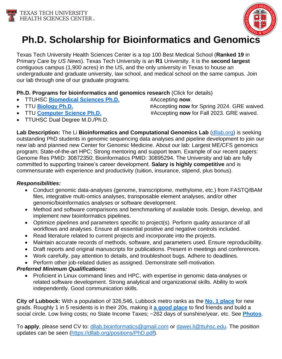 Fully Funded Scholarship for Bioinformatics and Genomics at the Texas Tech University, USA 🇺🇸

To apply please send your cv to Dr. Dawei Li Email: dilab.bioinformatics@gmail.com 

E-mail: dawei.li@ttuhsc.edu

scholar.google.com/citations?user…

fau.edu/medicine/direc…