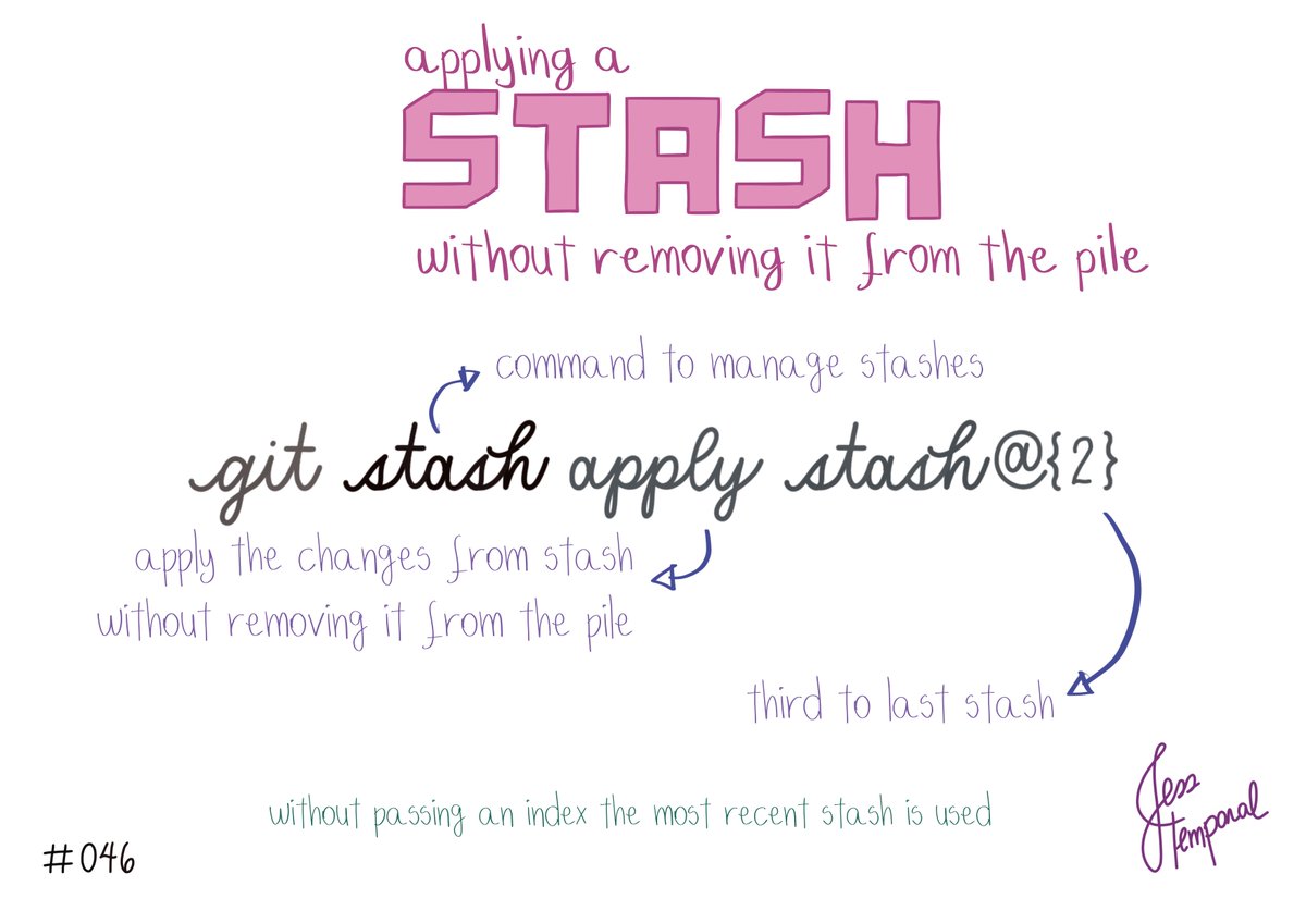 jesstemporal's tweet photo. To apply a stash, use the command
git stash apply
followed by the index of the desired stash.
For example: git stash apply stash@{2}
You can find this #GitStudyCards & more at https://t.co/eSsUIG0yRg #gitfichas #git #developer #developers #software #github #techtwitter https://t.co/faWYk4KGyk