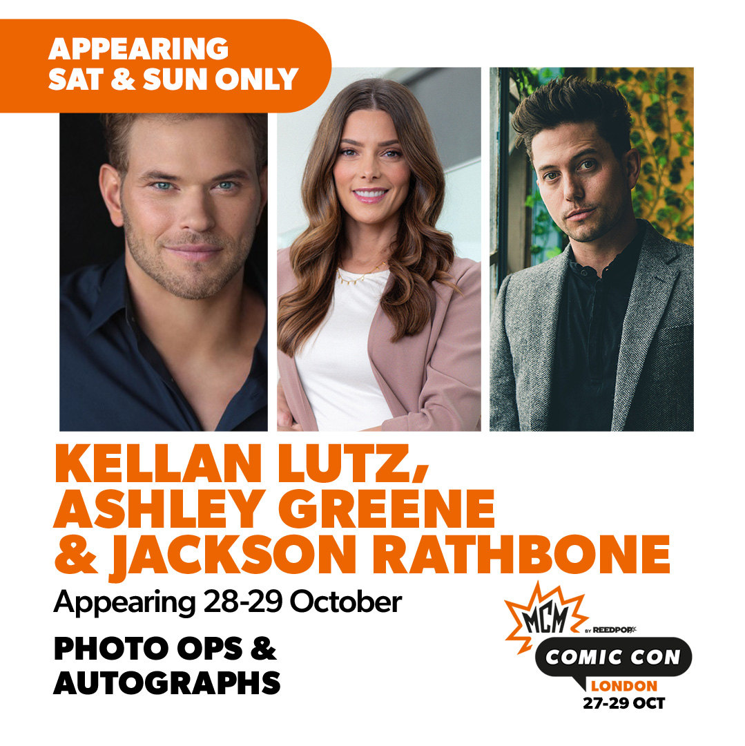 MCMComicCon's tweet photo. MCM London welcomes Kellan Lutz (Twilight, Immortals, The Legend of Hercules), Ashley Greene (Twilight, Batman: Arkham Knight, Bombshell) &amp; Jackson Rathbone (Twilight, The Last Airbender, The Guardians of Justice)
 
Appearing 28-29 October! 

MCM Tickets: https://t.co/j40AVwZJfU https://t.co/p66kzgtlcc