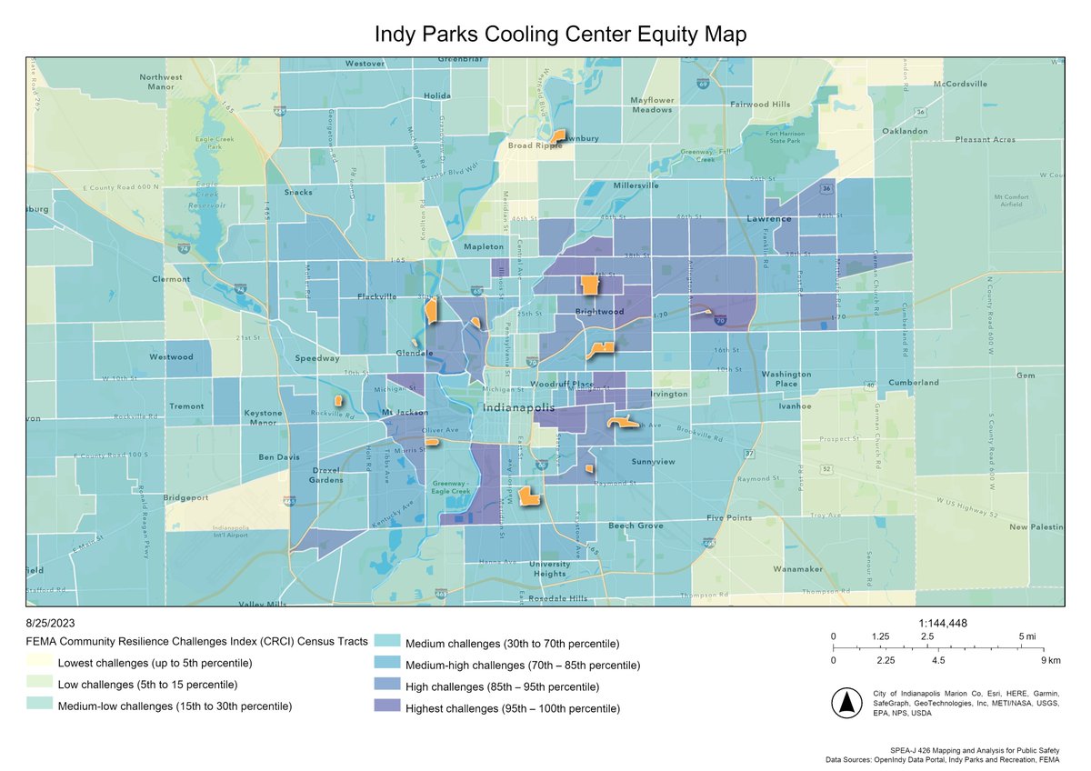 As #Indy hits record summer temps, @IUIONeill students used @IndyParksandRec & @fema data in class to plot cooling centers in the most vulnerable communities. #climateequity #Indy @IndyMayorJoe @ArcGISOnline Stay cool today! 😎