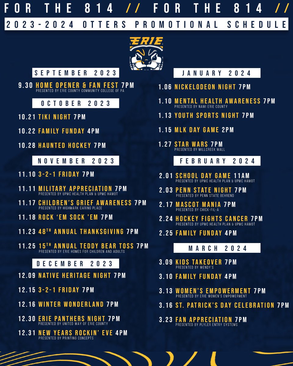 ErieOtters's tweet photo. We're here to make the start of your weekend even sweeter with the drop of our 2023-2024 Promo Schedule!
 
📰: https://t.co/wjHP0eW4AJ https://t.co/I7f4MSs400