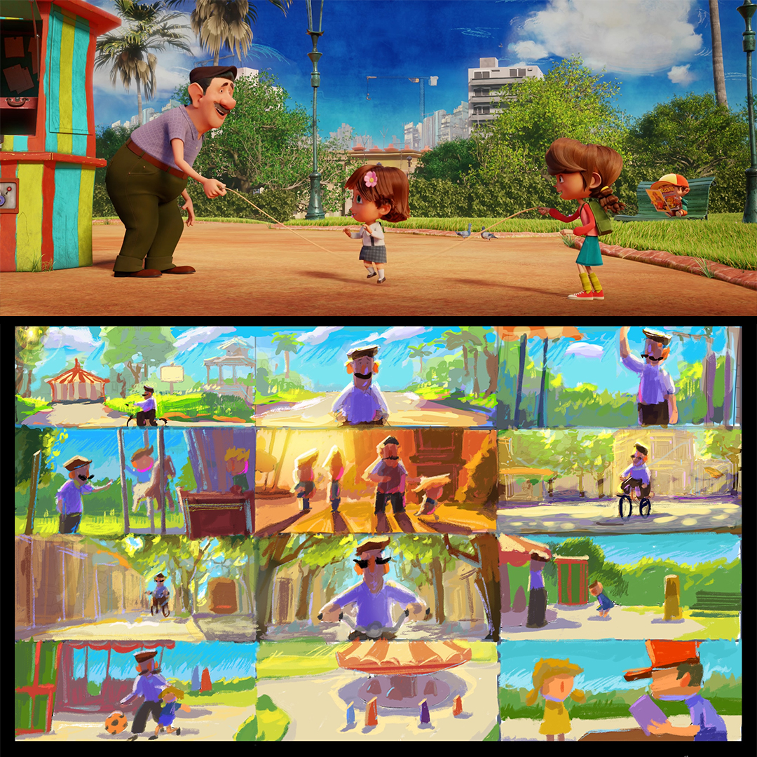 Color keys are created to lay out a visual roadmap for the film. The rich colors and warm lighting embrace the scene.
 
Here is a final shot from the film paired with a quick color key that was created. It’s easy to see how the reference influenced the film. 

#reelfxanimation