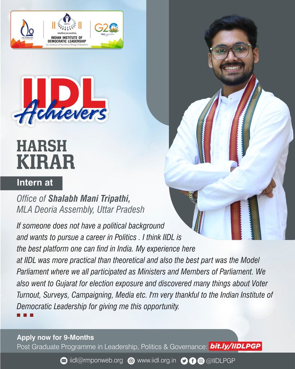 iidlpgp's tweet photo. #IIDL- Indian Institute of Democratic Leadership’s Batch 6 student- @kirar_Hrsh is now an Intern at the Office of @shalabhmani
He shares his #IIDLExperience
You can be one of the #IIDLAchievers too.
Apply now to #JoinIIDL's PGP 2023-24 Batch➡️ https://t.co/MN4lJeMNQs
#IIDLPGP https://t.co/7gAnKIoSbV