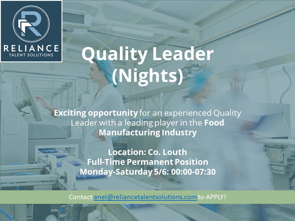 RelianceTalent's tweet image. We're hiring! 💥 Quality Assurance Leader (Night Shift)

If you have extensive experience and knowledge of food safety and quality management systems &amp;amp; you're passionate about food safety and quality, we encourage you to apply today!

📧 anel@reliancetalentsolutions.com.